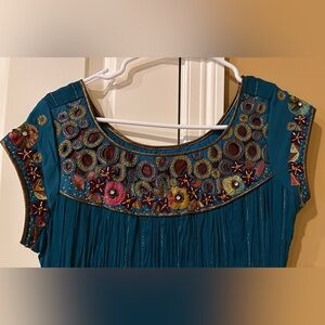 Embroidered Teal Dress with Floral Accents